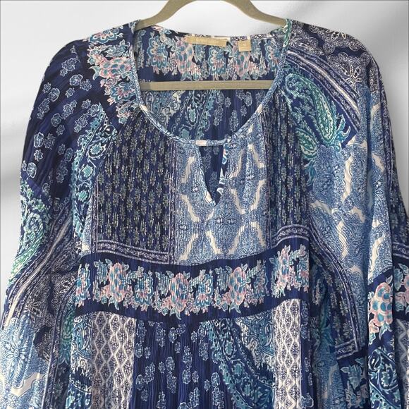 Sunny Leigh Micro Pleated Tunic Top Blouse 1X Blue Abstract Pattern Light Flowy - Picture 2 of 12